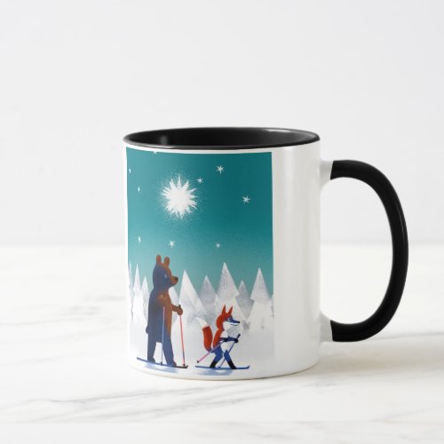 Cute Bear and Fox skiing under stars in a forest Mug