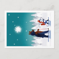 Cute Bear and Fox skiing under stars in a forest Postcard
