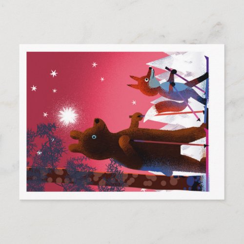 Cute Bear and Fox skiing under stars in a forest Postcard