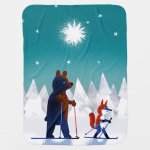 Cute Bear and Fox skiing under stars in a forest Swaddle Blanket