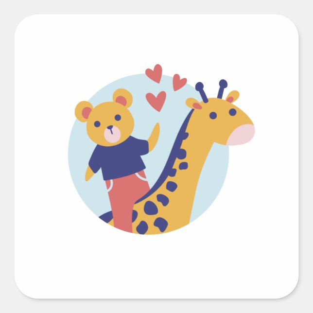 Cute bear and giraffe square sticker (Front)