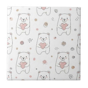 Cute Bear and Hearts -- Pastel Nursery (1) Ceramic Tile