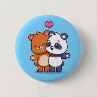 Cute Bear And Panda Friends With Heart Button