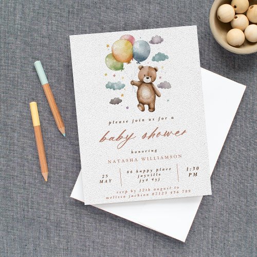 Cute Bear and Pastel Balloons Baby Shower Invitation