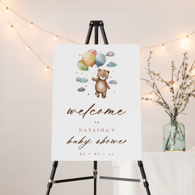 Cute Bear and Pastel Balloons Baby Shower Welcome Foam Board (In Situ (Stand))