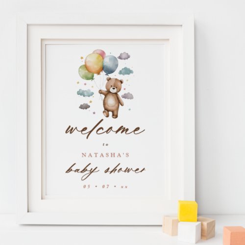 Cute Bear and Pastel Balloons Baby Shower Welcome Poster