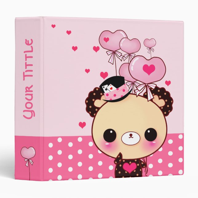 Cute bear and pink heart-shaped balloons 3 ring binder (Front/Spine)