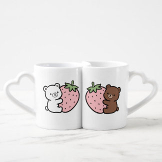 Cute Bear and Strawberry Couples Heart Handle Mugs
