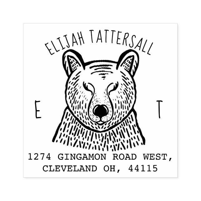 Cute Bear Animal Monogram & Name Return Address Rubber Stamp (Imprint)
