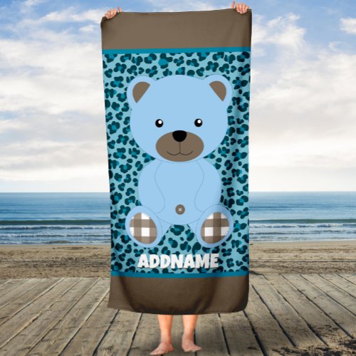 Cute Bear Animal Pattern With Custom Name Kids Beach Towel