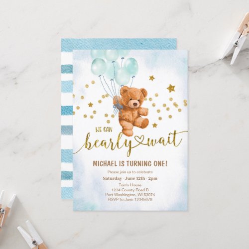 Cute Bear Baby Boys Birthday Party Invitation