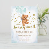 Cute Bear Baby Boy's Birthday Party Invitation (Standing Front)
