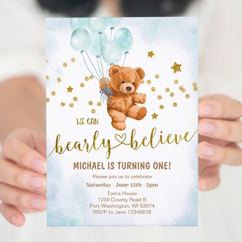 Cute Bear Baby Boys Birthday Party Invitation