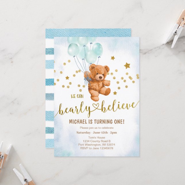 Cute Bear Baby Boy's Birthday Party Invitation (Front/Back In Situ)