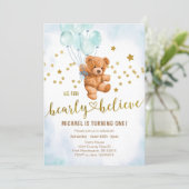 Cute Bear Baby Boy's Birthday Party Invitation (Standing Front)