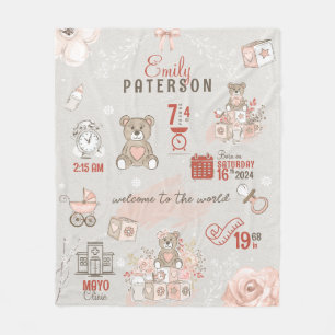 Cute Bear Baby Girl Birth Stats Saumon Gray Fleece Blanket