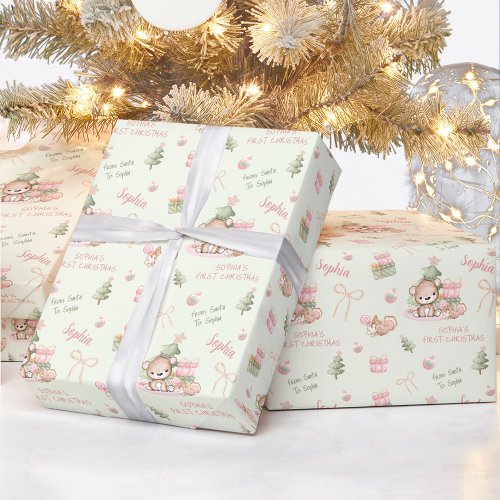 Cute Bear Baby Girl Pink Green Name Text Christmas Wrapping Paper