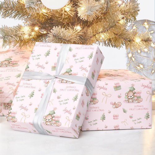 Cute Bear Baby Girl Pink Name Text Christmas Wrapping Paper