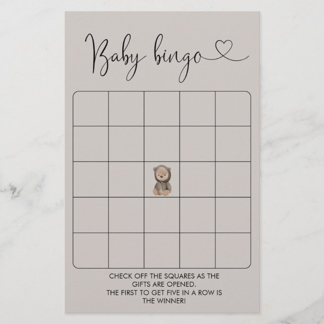 Cute Bear Baby Shower Bingo Game (Front)