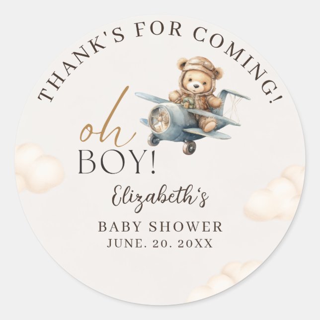 Cute Bear Baby Shower Boy party Classic Round Sticker (Front)