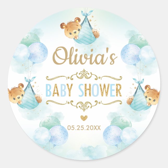 Cute Bear Baby Shower Boy Thank You Favor Classic Round Sticker (Front)