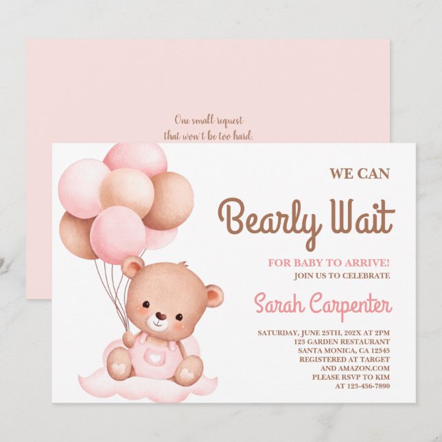 Cute Bear Baby Shower Girl Invitation (Front/Back)