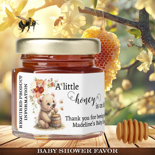Cute Bear Baby Shower  Honey Jar Favors (Floral baby shower honey jar favor featuring a cute bear having a feast at the honey jar)