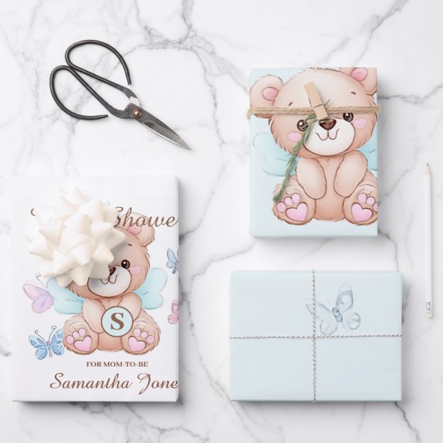 Cute Bear Baby Shower Personalized Wrapping Paper (Front)