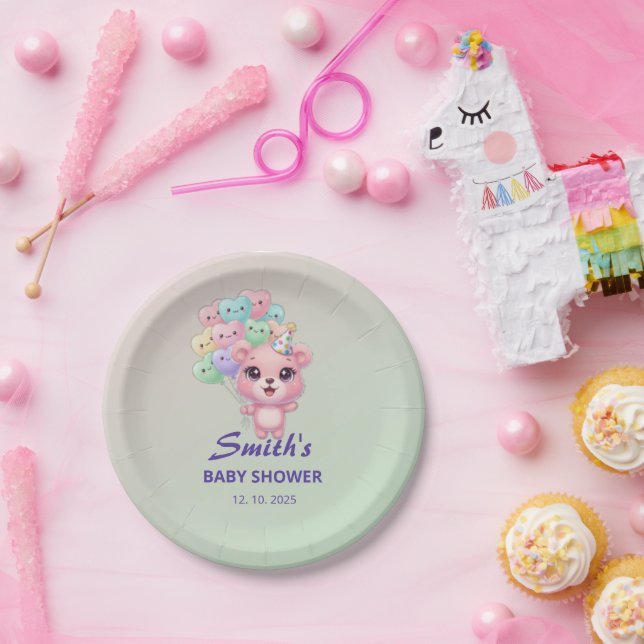"Cute Bear Baby Shower with Custom Date Paper Plates (Party)