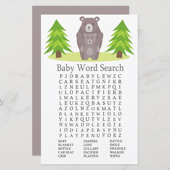 Cute Bear Baby Shower Word Search Game (Front/Back)