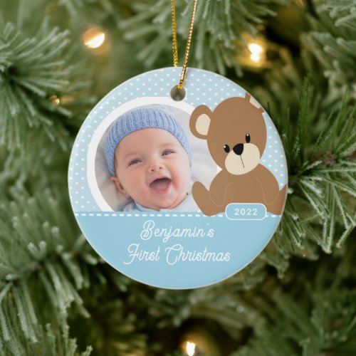 Cute Bear Babys First Christmas Photo Ceramic Ornament