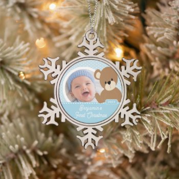 Cute Bear Baby's First Christmas Photo Snowflake Pewter Christmas Ornament by celebrateitornaments at Zazzle