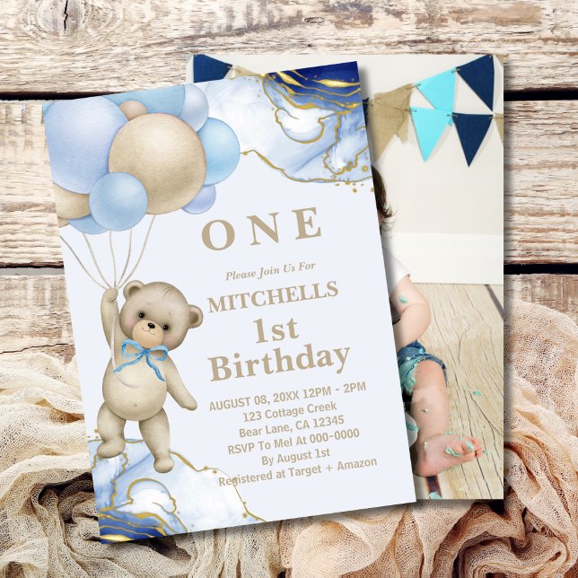 Cute Bear Balloon Abstract Blue Gold Photo Invitation (Creator Uploaded)