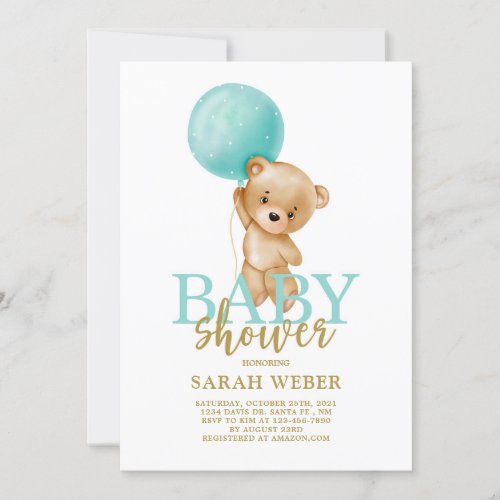 Teddy Baby Shower Invitations - Bear Balloons