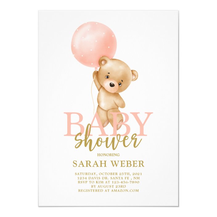 Cute bear balloon baby shower girl invitation