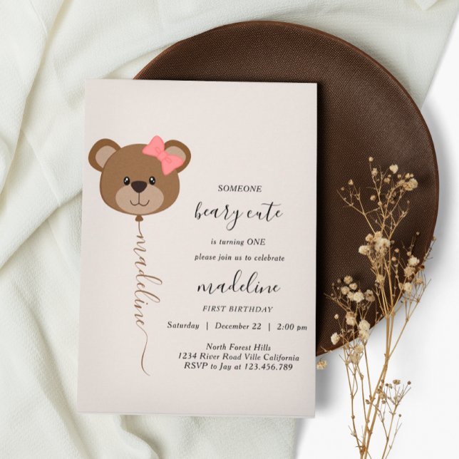 Cute Bear Balloon Beary Cute First Birthday Party Invitation (Creator Uploaded)