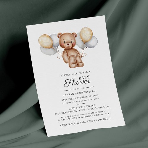 Cute Bear Balloons Baby Shower Invitation Card