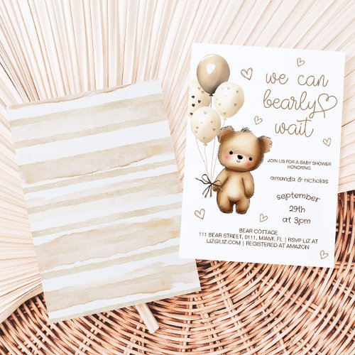 Cute Bear Balloons Beige Neutral Baby Shower  Invitation