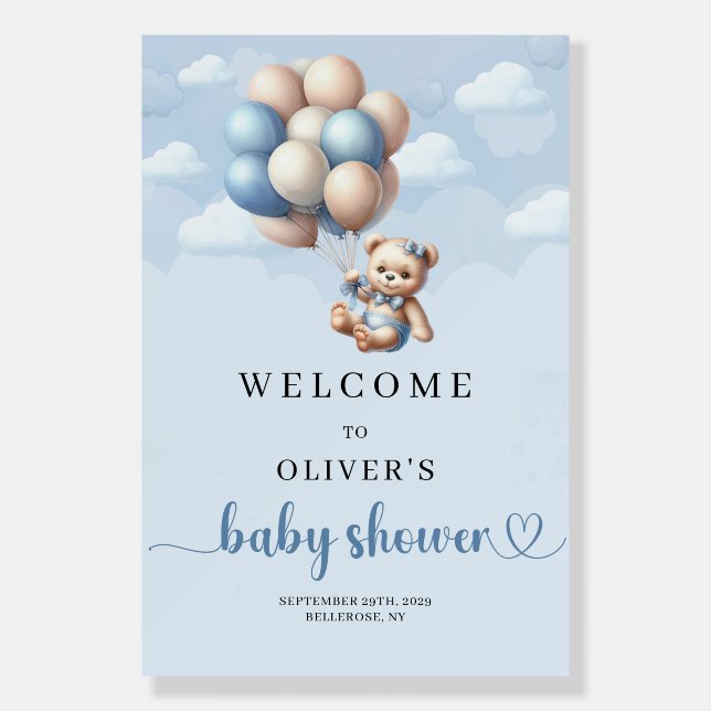 Cute bear balloons blue brown Baby Shower Welcome  Foam Board (Front)