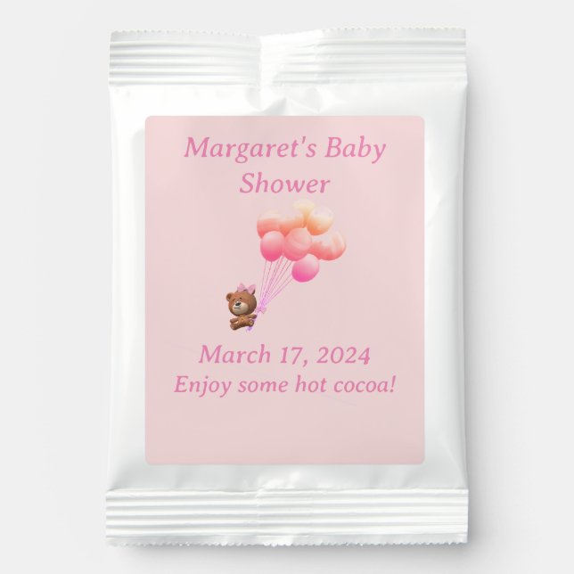Cute Bear & Balloons Girl Baby Shower Themed Hot Chocolate Drink Mix (Front)