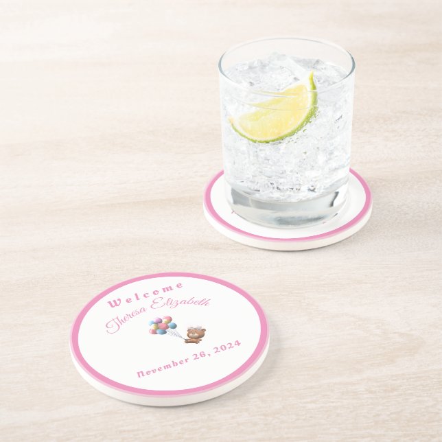 Cute Bear & Balloons Girl Sandstone Coaster (Side)