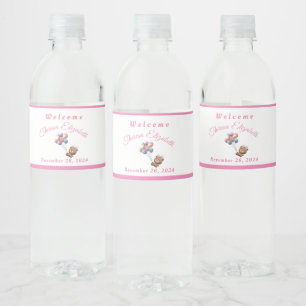 Cute Bear & Balloons Girl  Water Bottle Label