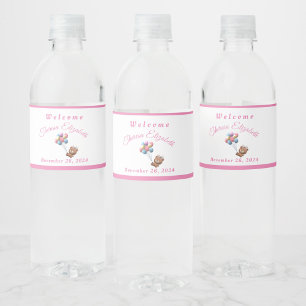 Cute Bear & Balloons Girl  Water Bottle Label