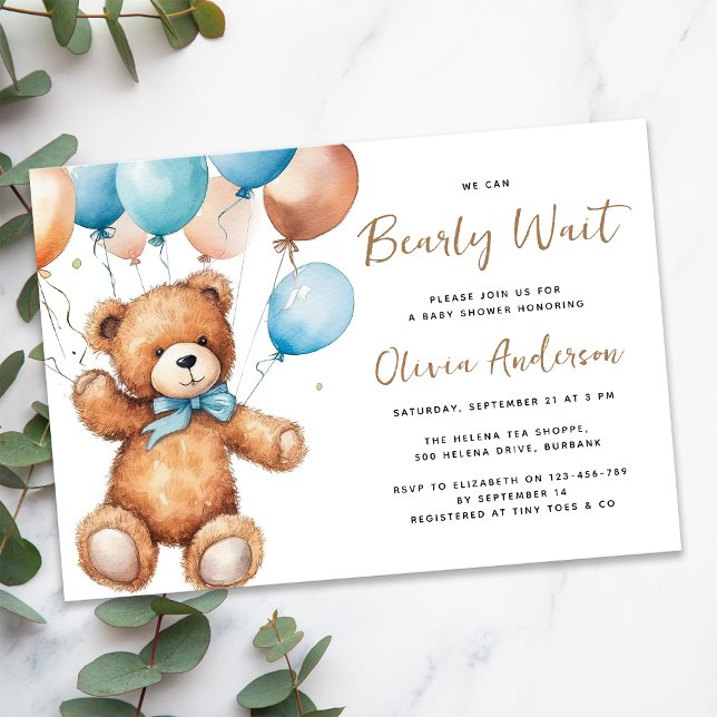 Cute Bear Balloons We Can Bearly Wait Baby Shower Invitation (Creator Uploaded)