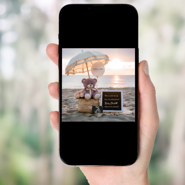 Cute Bear Beach Sunset Pregnancy Announcement (Front Digital)