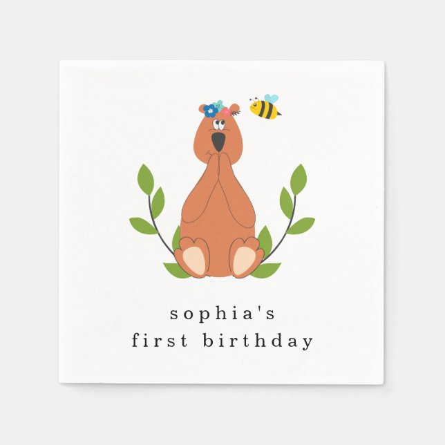 Cute Bear Bee First Birthday Party Napkins (Front)