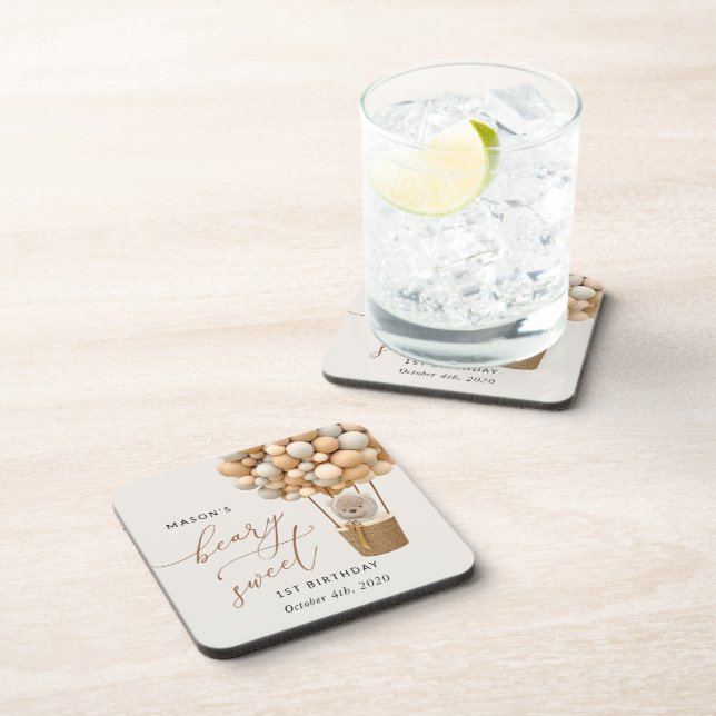 Cute Bear, Beige Balloons, First Birthday Beverage Coaster (Right Side)