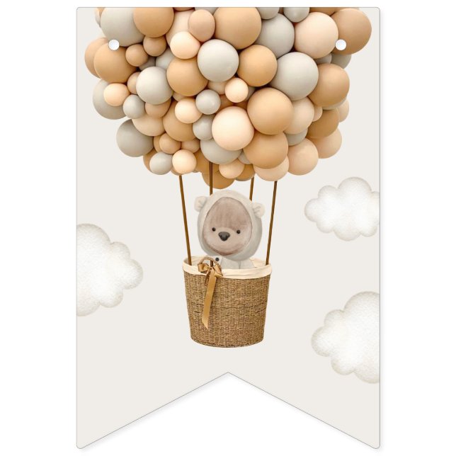 Cute Bear, Beige Balloons, First Birthday Bunting Flags (First Flag)