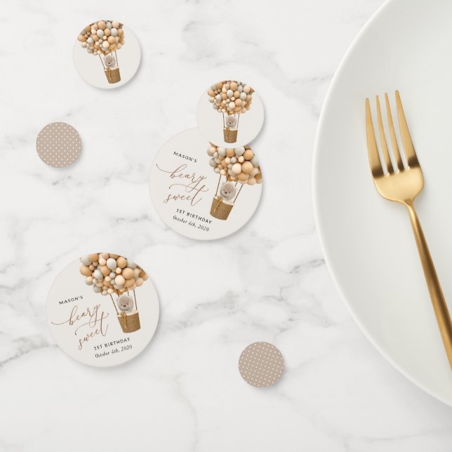 Cute Bear, Beige Balloons, First Birthday Confetti (Group)