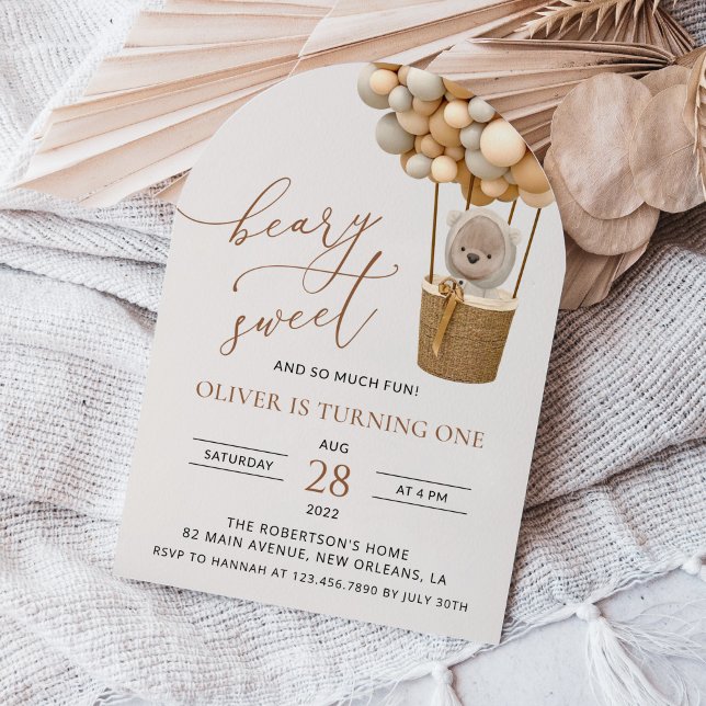 Cute Bear, Beige Balloons, First Birthday Invitation (Creator Uploaded)